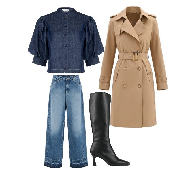 Outfit donna - Coordinato in denim. Stile Minimal per Tutti i giorni. Abbinamento con stivali, camicie a manica corta, trench, jeans dritti.