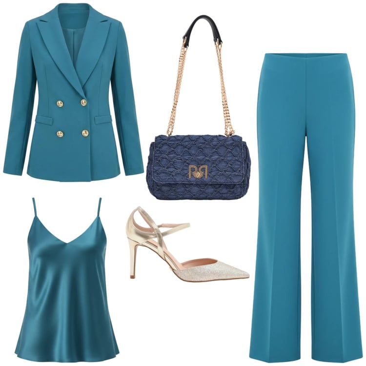 Outfit donna - Ottanio e oro lussuoso e sofisticato. Stile Glamour per Cerimonia. Abbinamento con pantaloni a palazzo, blazer, canottiere, décolleté, borse a spalla.