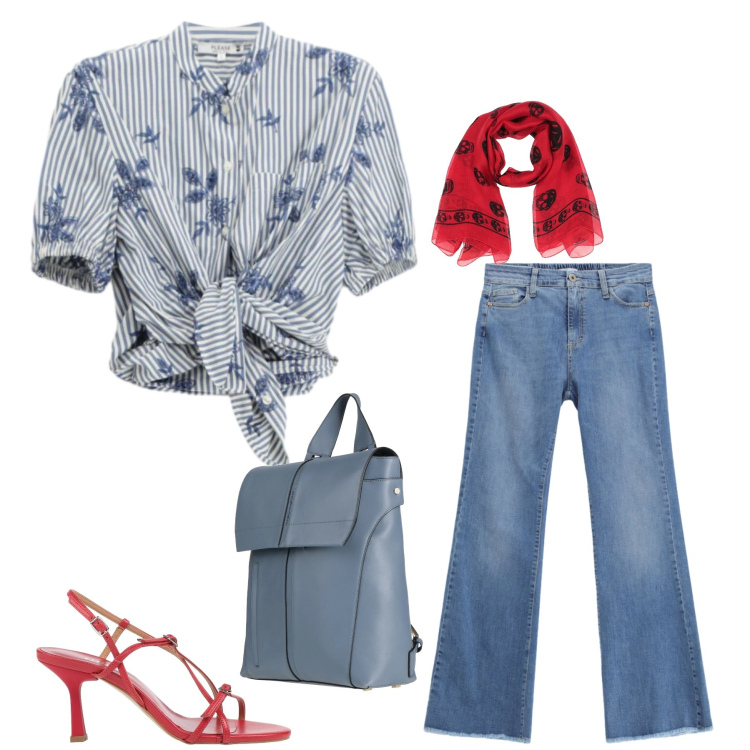 Outfit donna - Tonalità del Mare e Accenti Rubino. Stile Casual chic per Tutti i giorni. Abbinamento con sciarpe, zaini, sandali in pelle, camicie a manica corta, jeans.
