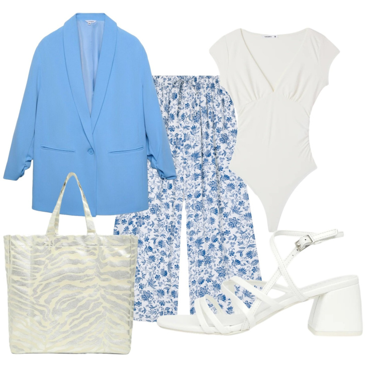 Outfit donna - Voglia d\'estate. Stile Romantica per Tutti i giorni. Abbinamento con pantaloni a palazzo, top, blazer, sandali col tacco, shopping bag.