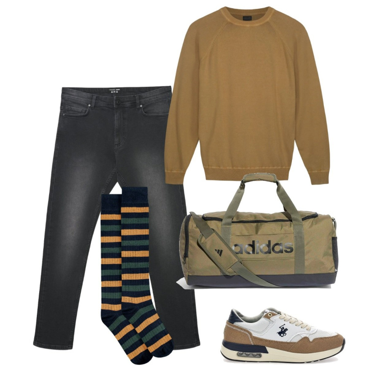 Outfit uomo - Tempo libero. Stile Casual per Tutti i giorni. Abbinamento con jeans skinny, maglieria, calzini, borse sportive, sneakers.