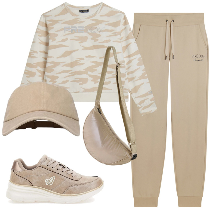 Outfit donna - Total look #2378754. Stile Casual per Sport. Abbinamento con cappelli con visiera, felpe, pantaloni, borse a tracolla, sneakers.