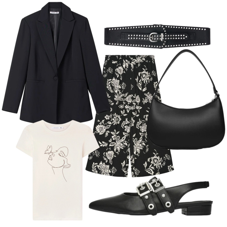 Outfit donna - Ufficio glam. Stile Casual chic per Ufficio. Abbinamento con ballerine, pantaloni a palazzo, blazer, borse a tracolla, t-shirt, cinture.