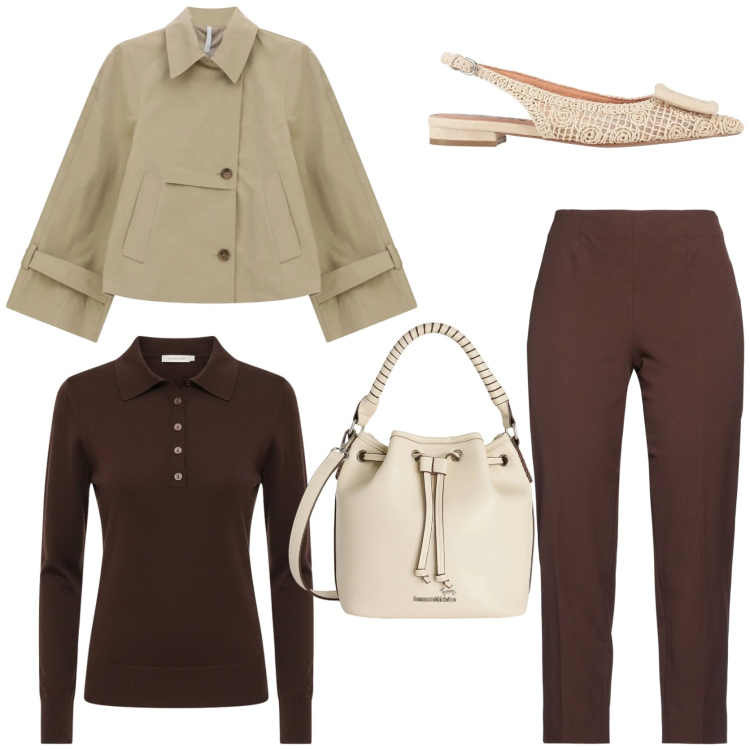 Outfit donna - Cropped trench di tendenza. Stile Casual chic per Tutti i giorni. Abbinamento con pantaloni, ballerine, trench, polo, borse a secchiello.