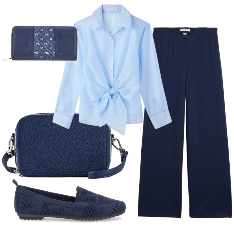 Outfit donna - Total look #2378758. Stile Bon Ton per Ufficio. Abbinamento con pantaloni, borse a tracolla, camicie, mocassini, portafogli.