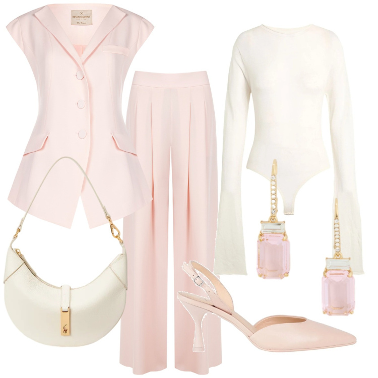 Outfit donna - Eleganza eterea. Stile Chic per Cerimonia. Abbinamento con body, décolleté, pantaloni a palazzo, gilet, orecchini, borse a spalla.