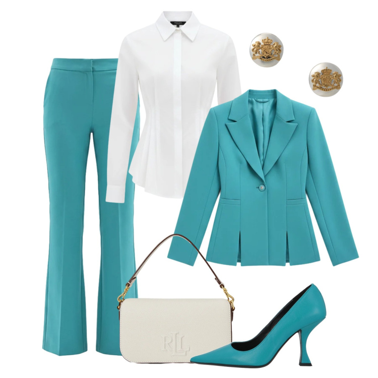 Outfit donna - Un tailleur per l’ufficio. Stile Glamour per Ufficio. Abbinamento con décolleté, blazer, pantaloni a palazzo, camicie, orecchini, borse a spalla.