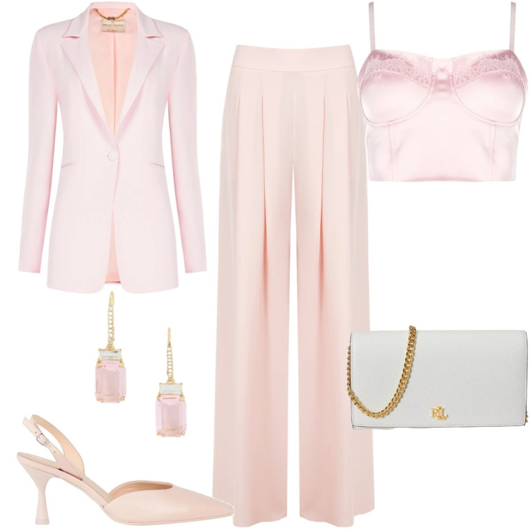 Outfit donna - Tailleur Rinascimento. Stile Chic per Cerimonia. Abbinamento con décolleté, pantaloni a palazzo, blazer, top, orecchini, borse a tracolla.