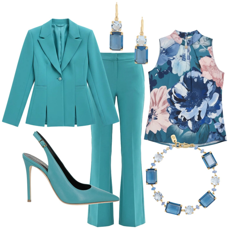 Outfit donna - Cerimoniale. Stile Chic per Cerimonia. Abbinamento con décolleté, blazer, pantaloni a palazzo, top, braccialetti, orecchini.