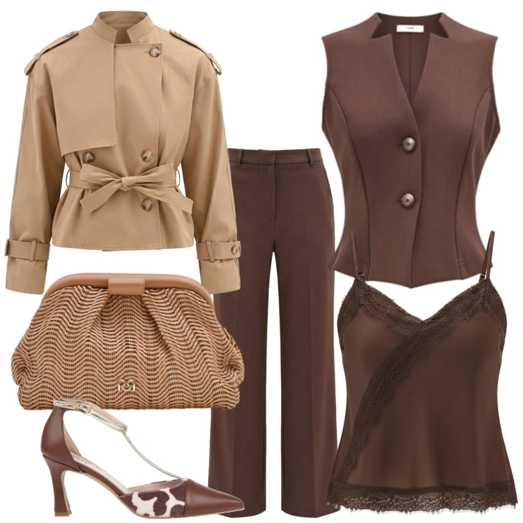 Outfit donna - Professionale. Stile Chic per Ufficio. Abbinamento con décolleté, gilet, pantaloni, canottiere, pochette, caban.