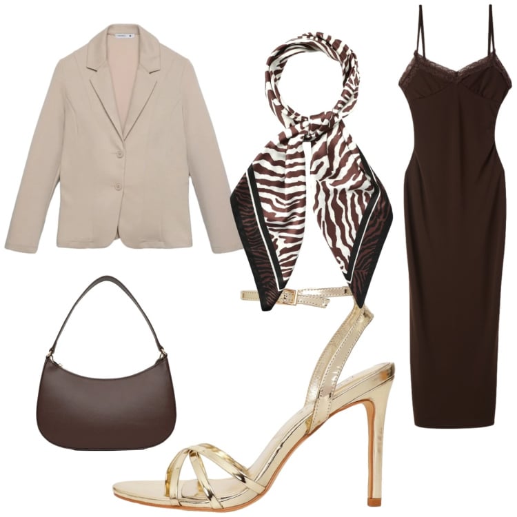 Outfit donna - Terranova: glam event in marrone. Stile Glamour per Serata fuori. Abbinamento con vestiti midi/longuette, foulard, blazer, borse a tracolla, sandali col tacco.