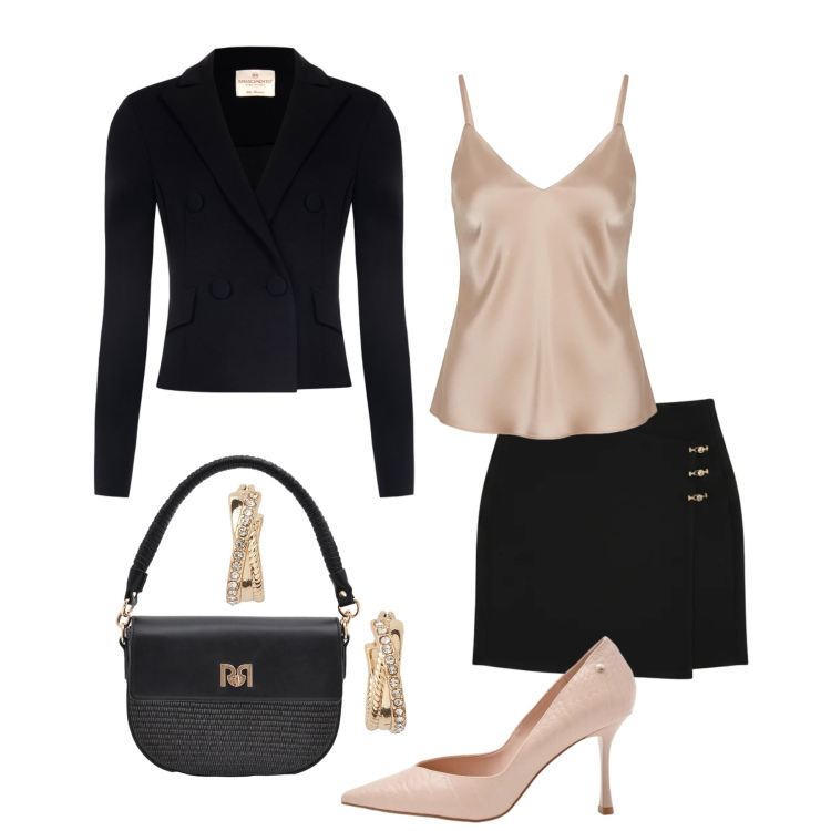 Outfit donna - Serata evento Rinascimento. Stile Chic per Serata fuori. Abbinamento con blazer, minigonne, top, borse a spalla, décolleté, orecchini.