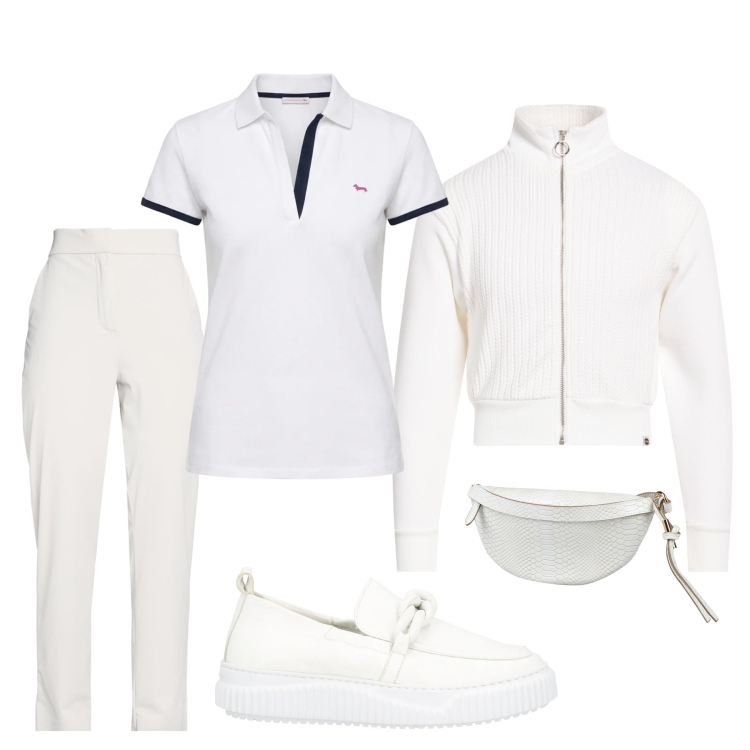 Outfit donna - Total white dinamico. Stile Sporty chic per Tutti i giorni. Abbinamento con mocassini, pantaloni, marsupi, cardigans, polo.