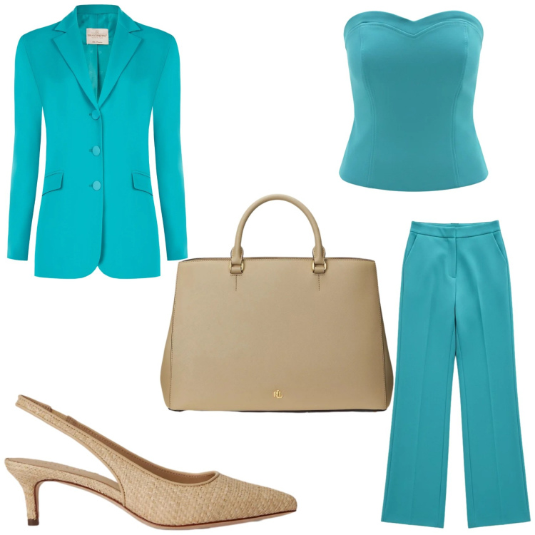 Outfit donna - Il tallieur verde acqua Rinascimento. Stile Bon Ton per Ufficio. Abbinamento con blazer, top, pantaloni a palazzo, borse a mano, décolleté.