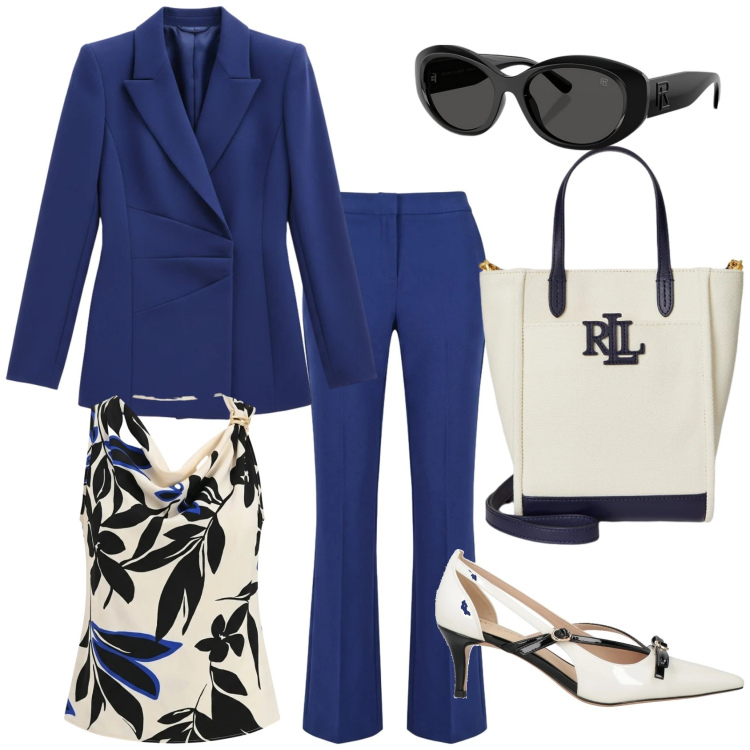 Outfit donna - Relatrice dinamica. Stile Chic per Ufficio. Abbinamento con décolleté, canottiere, blazer, pantaloni, occhiali da sole, borse tote.