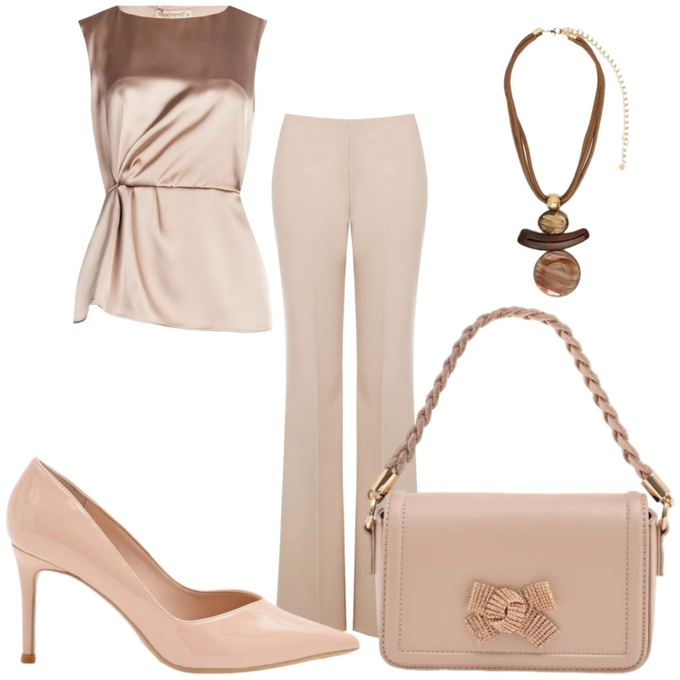 Outfit donna - Beige chic. Stile Chic per Cerimonia. Abbinamento con bluse, pochette, décolleté, pantaloni a palazzo, ciondoli.