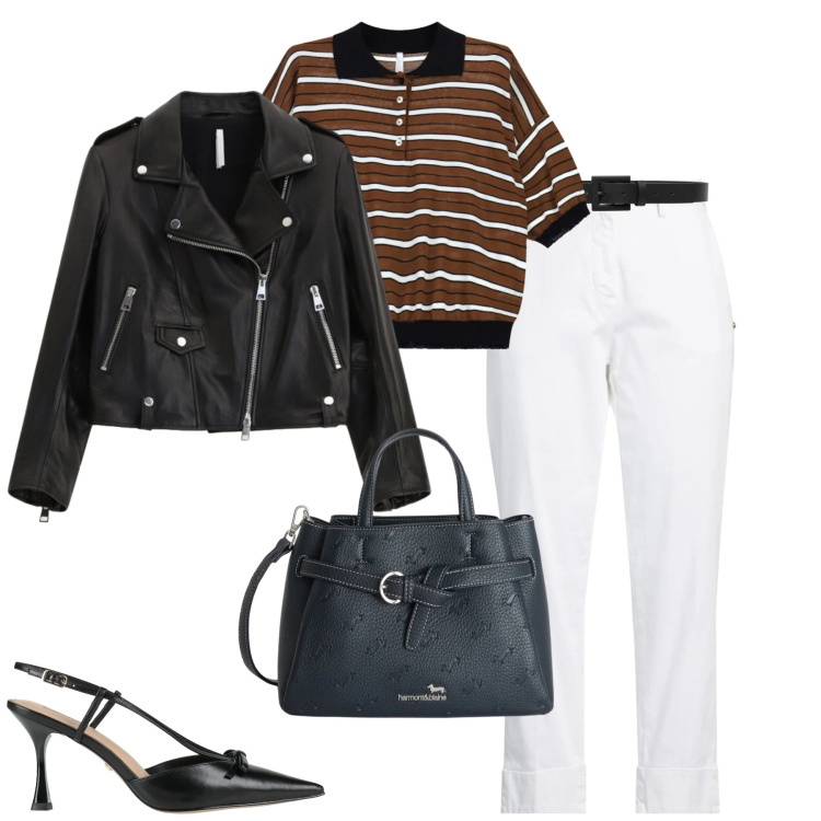 Outfit donna - Aprile. Stile Casual chic per Tutti i giorni. Abbinamento con décolleté, pantaloni, polo, giacche, cinture, borse a mano.
