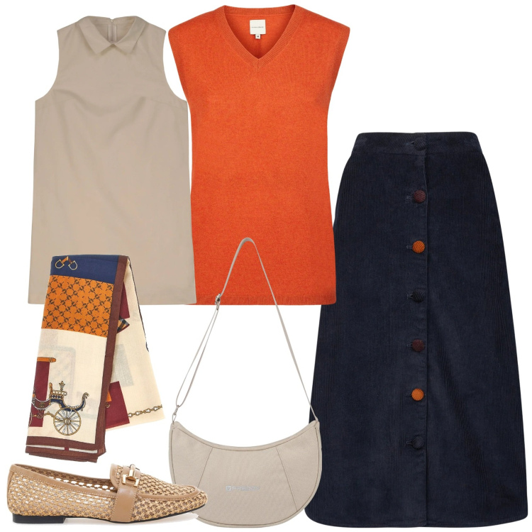 Outfit donna - Il gilet arancione. Stile Casual per Scuola/Università. Abbinamento con borse a spalla, gonne longuette, mocassini, maglieria, vestiti a tubino, foulard.