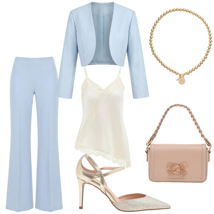 Outfit donna - Tempo di cerimonie. Stile Chic per Cerimonia. Abbinamento con canottiere, pantaloni a palazzo, bolero, pochette, décolleté, collane.