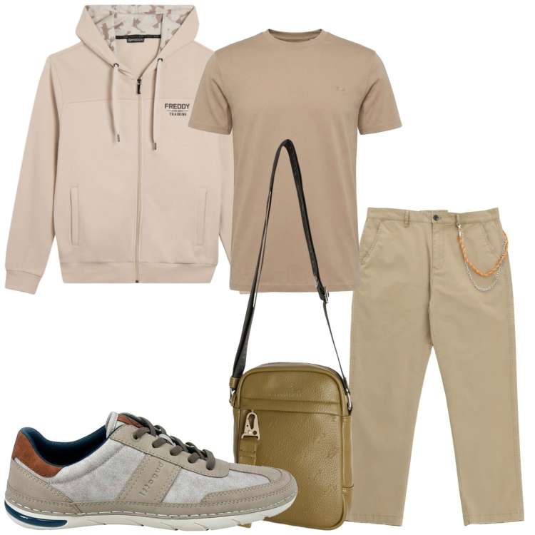 Outfit uomo - Il marrone chiaro che mi piace. Stile Urban per Tutti i giorni. Abbinamento con pantaloni, borse sportive, t-shirt, felpe con cappuccio, sneakers.