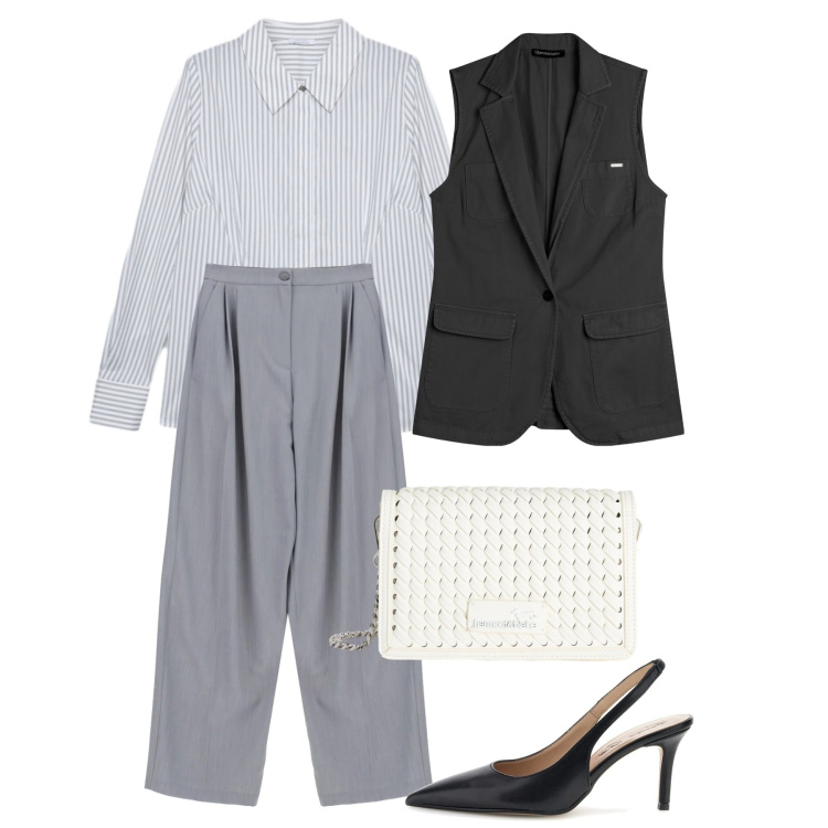Outfit donna - Il ritorno del grigio in primavera - @ti. Stile Bon Ton per Ufficio. Abbinamento con pantaloni a palazzo, camicie, borse a tracolla, gilet, décolleté.
