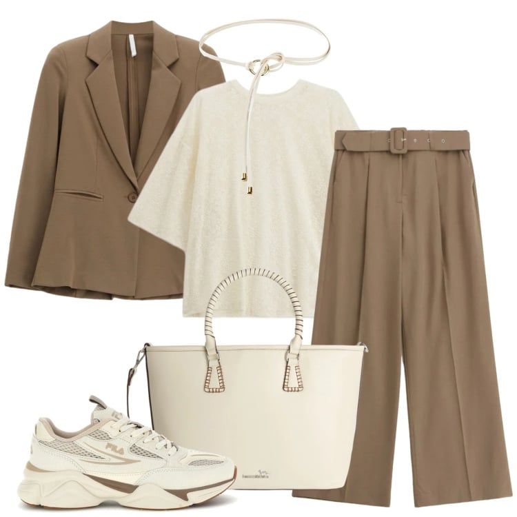 Outfit donna - Quando vuoi. Stile Trendy per Ufficio. Abbinamento con cinture, bluse, blazer, pantaloni a palazzo, shopping bag, sneakers.