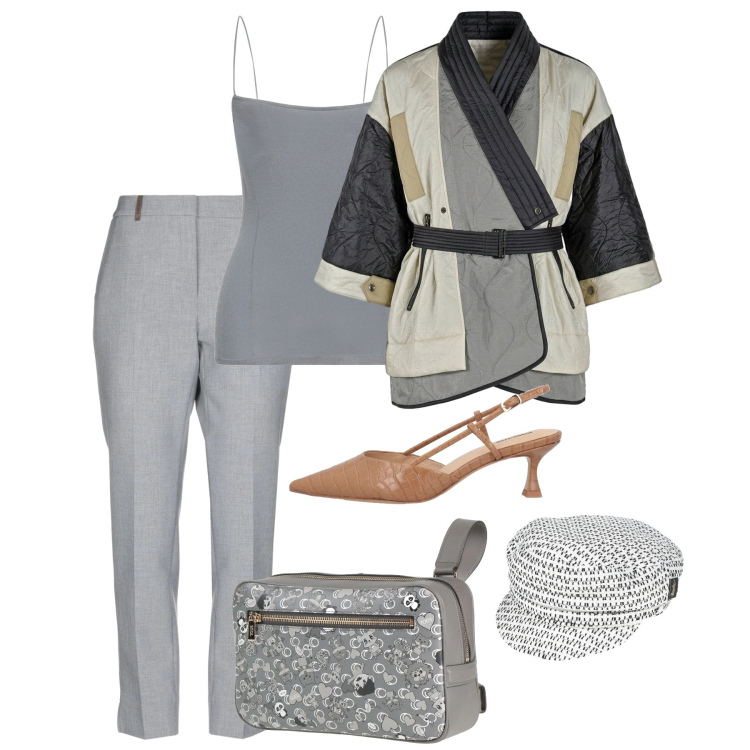 Outfit donna - Il ritorno del grigio in primavera - @ti. Stile Chic per Tutti i giorni. Abbinamento con cappelli con visiera, pantaloni, top, marsupi, décolleté, kimono.