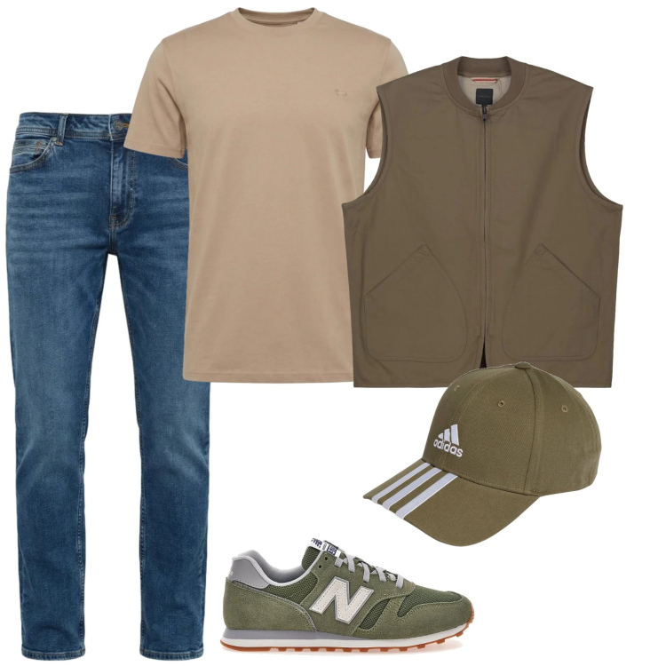 Outfit uomo - Grigliata. Stile Casual per Tutti i giorni. Abbinamento con t-shirt, jeans, gilet, cappelli con visiera, sneakers.