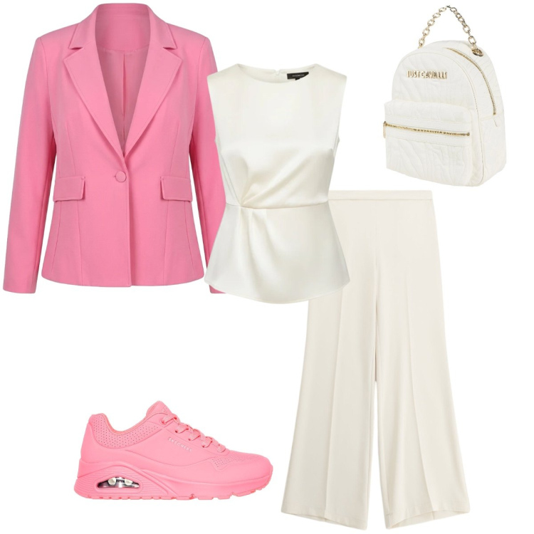 Outfit donna - Cloud&pink. Stile Casual chic Abbinamento con zaini, pantaloni a palazzo, bluse, blazer, sneakers.