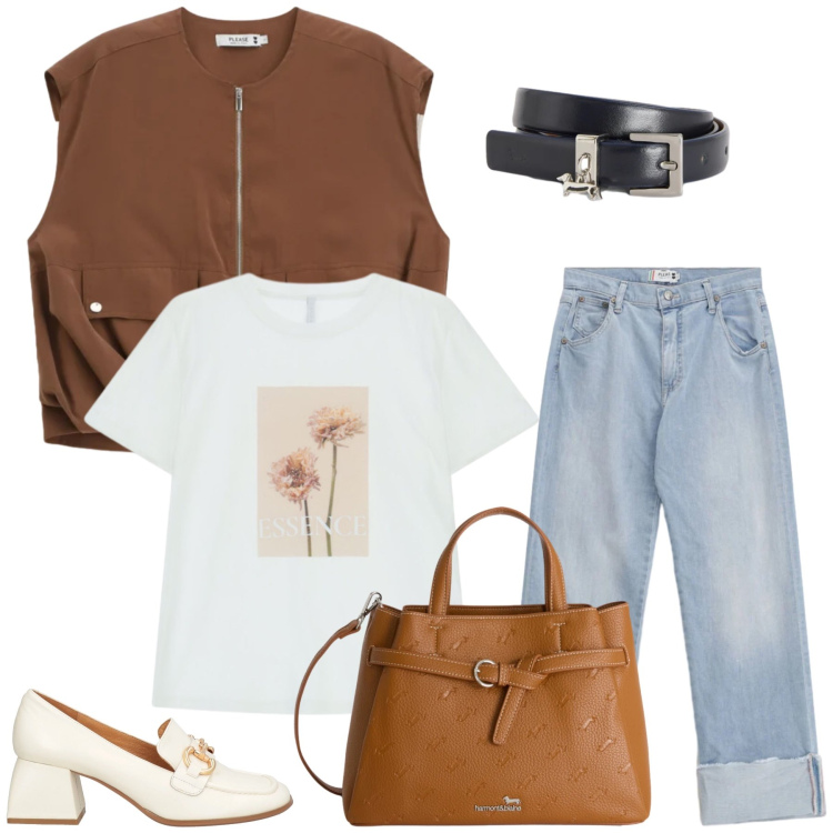 Outfit donna - Urban Safari. Stile Casual chic per Tutti i giorni. Abbinamento con mocassini, t-shirt, jeans dritti, gilet, borse a mano, cinture.