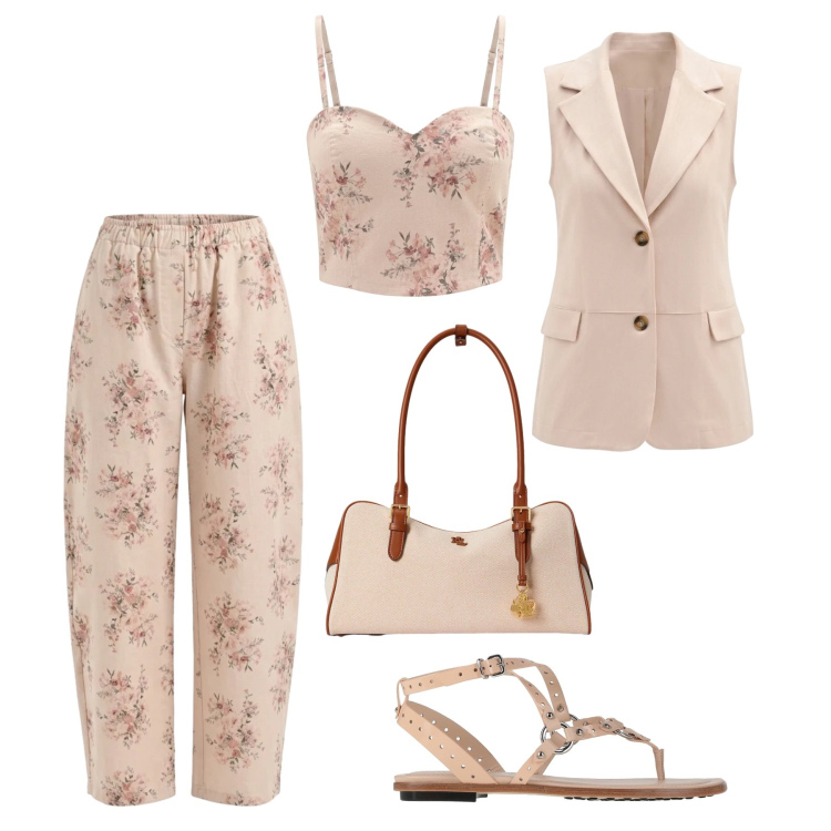 Outfit donna - Primavera Rinascimento. Stile Casual chic per Tutti i giorni. Abbinamento con ciabatte, pantaloni, canottiere, gilet, borse a mano.