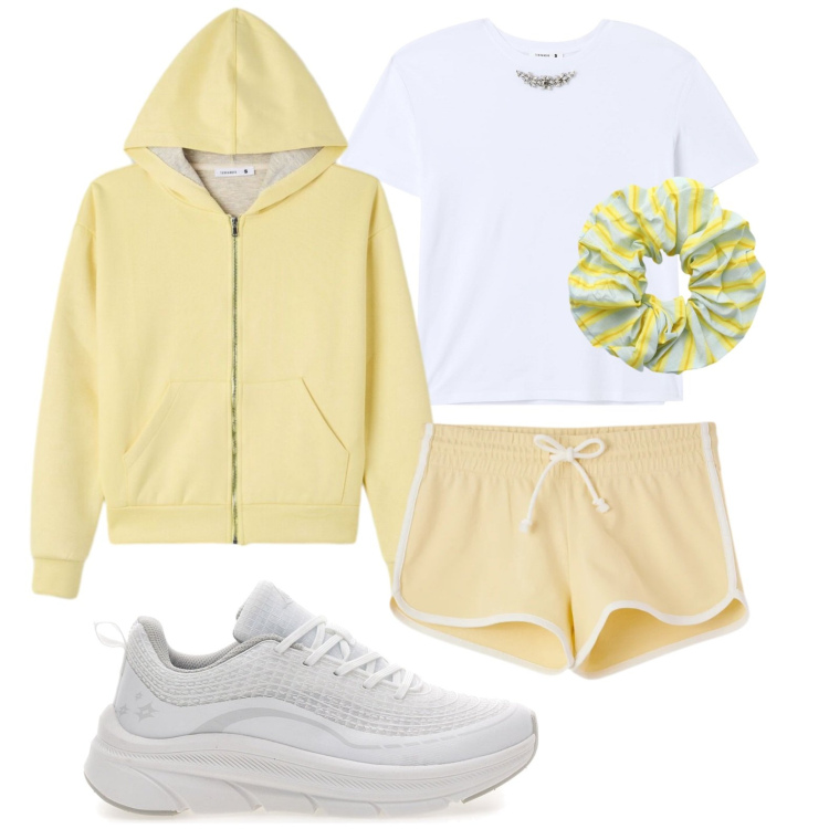 Outfit donna - Corsetta in giallo. Stile Sporty chic per Sport. Abbinamento con felpe con cappuccio, accessori per capelli, shorts, t-shirt, scarpe sportive.
