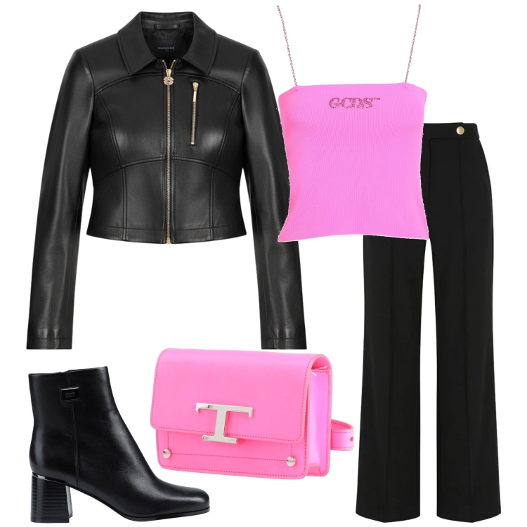 Outfit donna - Cyber Chic. Stile Glamour per Tutti i giorni. Abbinamento con marsupi, stivaletti, top, giacche, pantaloni.