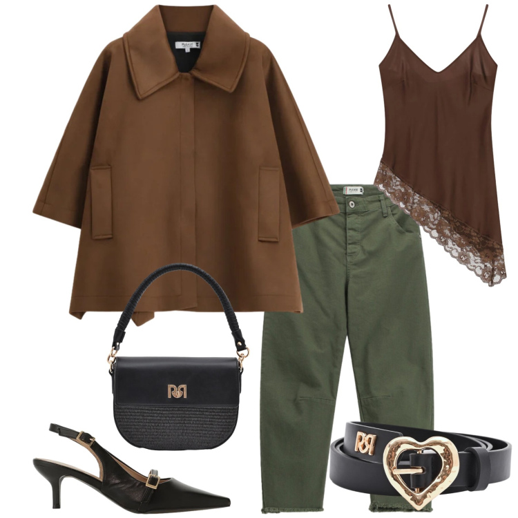 Outfit donna - Forest Elegance. Stile Casual chic per Tutti i giorni. Abbinamento con pantaloni, top, cappotti, sandali col tacco, borse a spalla, cinture.