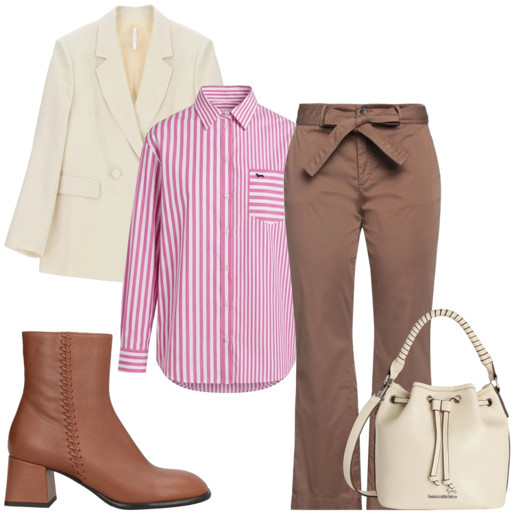 Outfit donna - Casual in Rosa e Crema. Stile Preppy per Tutti i giorni. Abbinamento con stivaletti, pantaloni, blazer, borse a secchiello, camicie.
