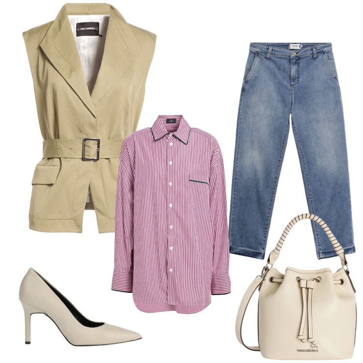 Outfit donna - Modern Tailoring. Stile Casual chic per Tutti i giorni. Abbinamento con décolleté, cinture, camicie, jeans, borse a secchiello.