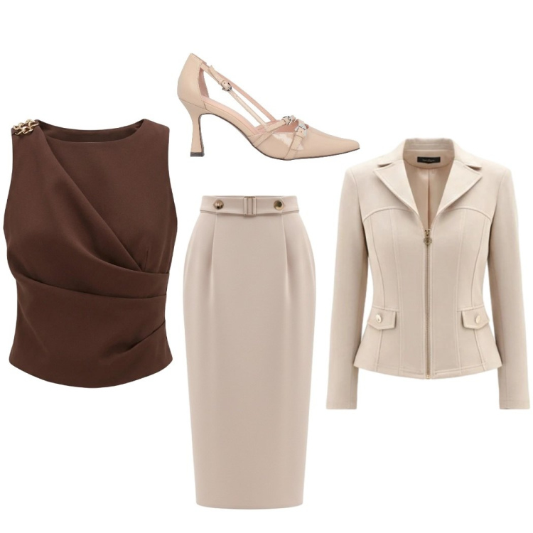 Outfit donna - Total look #2378813. Stile Chic per Cerimonia. Abbinamento con décolleté, blazer, top, gonne longuette.