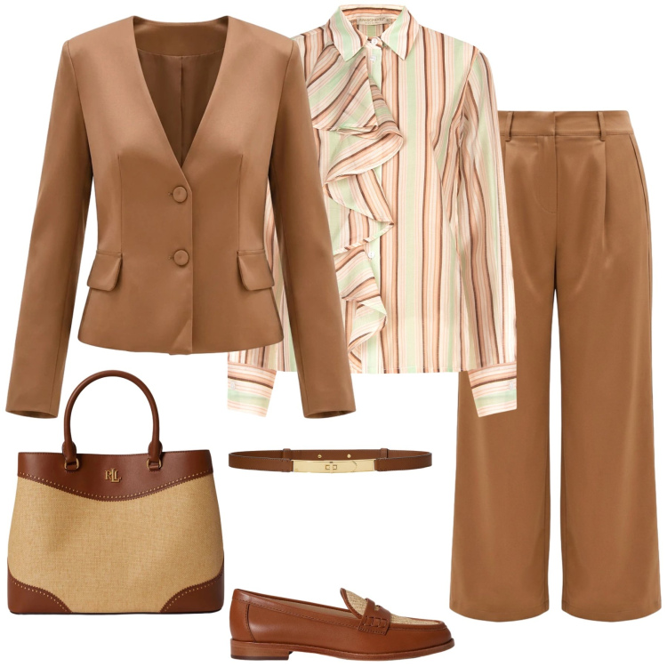 Outfit donna - Tabacco e Seta. Stile Chic per Tutti i giorni. Abbinamento con pantaloni a palazzo, camicie, blazer, mocassini, borse a mano, cinture.