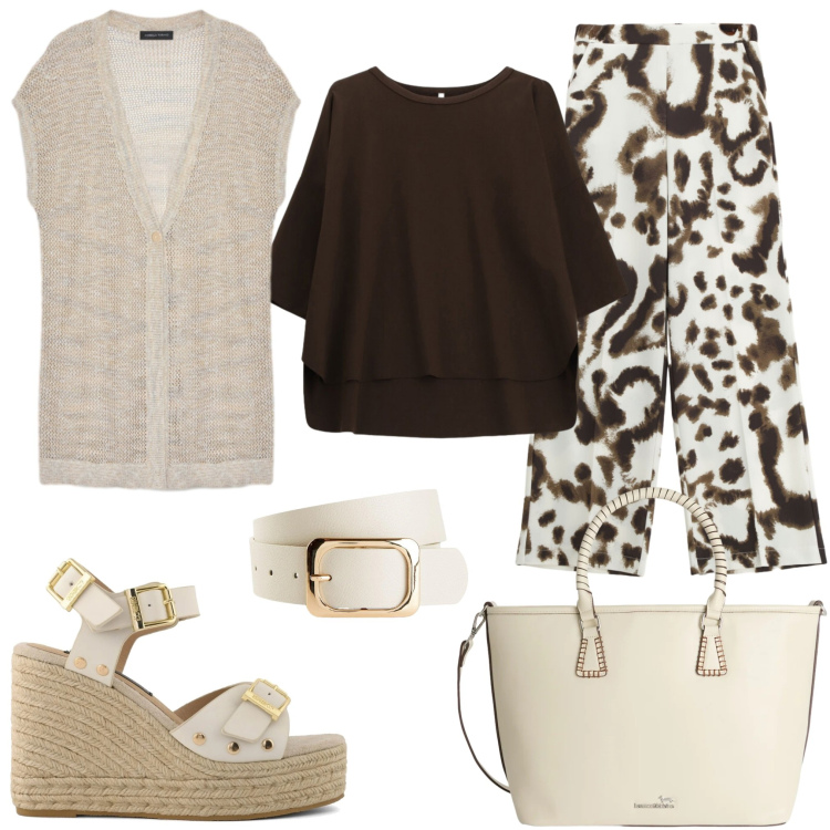 Outfit donna - La mia idea di pantalone. Stile Glamour per Tutti i giorni. Abbinamento con cinture, maglieria, shopping bag, pantaloni a palazzo, bluse, zeppe.