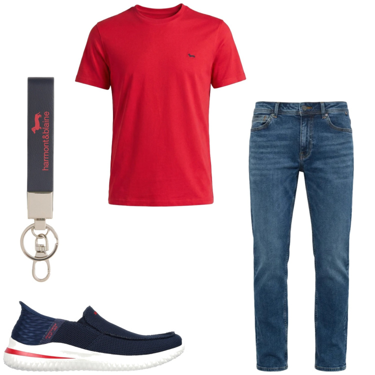 Outfit uomo - Harmont & Blaine. Stile Casual per Tutti i giorni. Abbinamento con portachiavi, t-shirt, jeans, sneakers.