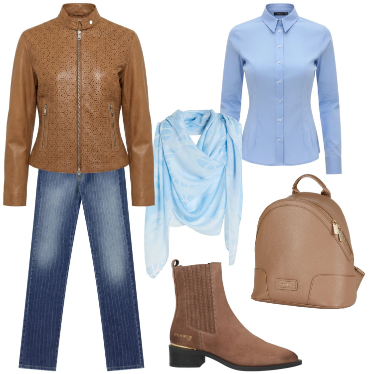 Outfit donna - Giro in moto. Stile Urban per Tutti i giorni. Abbinamento con zaini, sciarpe, stivaletti chelsea, jeans, giacche, camicie.