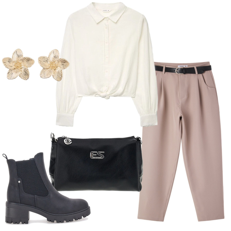 Outfit donna - Total look #2378823. Stile Glamour per Ufficio. Abbinamento con orecchini, camicie, pantaloni, stivaletti chelsea, borse a tracolla.
