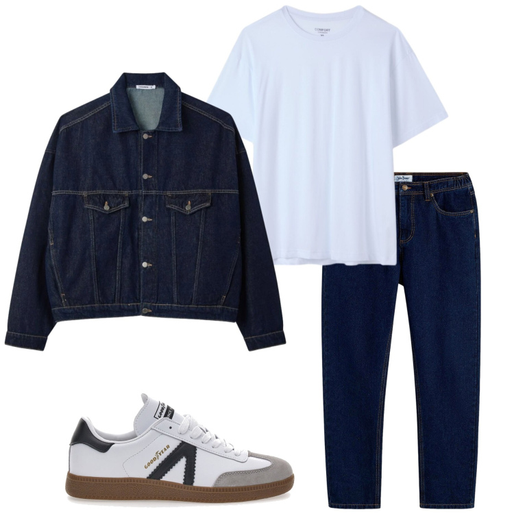 Outfit uomo - Look sportivo. Stile Casual per Tutti i giorni. Abbinamento con jeans dritti, t-shirt, cappotti, sneakers.
