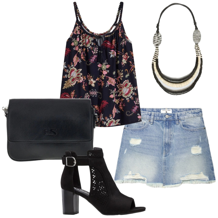 Outfit donna - Total look #2378826. Stile Casual per Scuola/Università. Abbinamento con top, sandali col tacco, minigonne, collane, borse a tracolla.