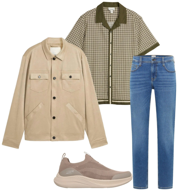 Outfit uomo - Aprile soleggiato. Stile Urban per Ufficio. Abbinamento con camicie a manica corta, jeans bootcut, cappotti, sneakers.