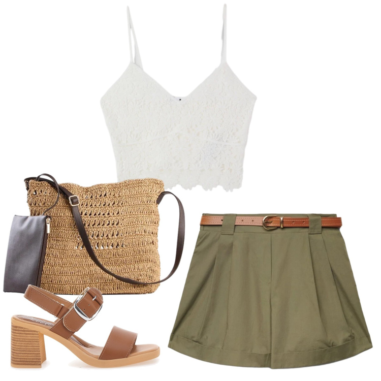 Outfit donna - Total look #2378828. Stile Casual per Tutti i giorni. Abbinamento con borse a tracolla, top, shorts, sandali col tacco.