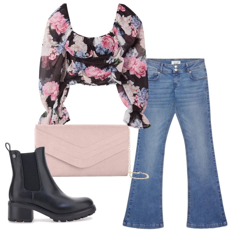 Outfit donna - Total look #2378830. Stile Bon Ton per Scuola/Università. Abbinamento con pochette, bluse, jeans a zampa, stivaletti.