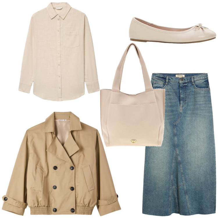 Outfit donna - City. Stile Trendy per Tutti i giorni. Abbinamento con gonne, ballerine, trench, camicie, borse a spalla.