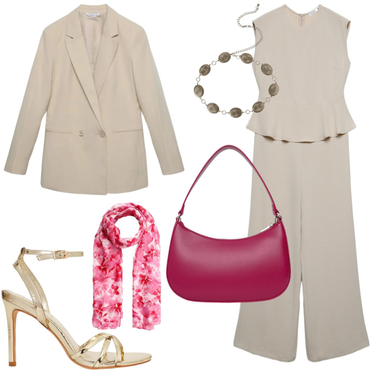 Outfit donna - Evento. Stile Glamour per Cerimonia. Abbinamento con tute, blazer, cinture, sandali col tacco, foulard, borse a tracolla.