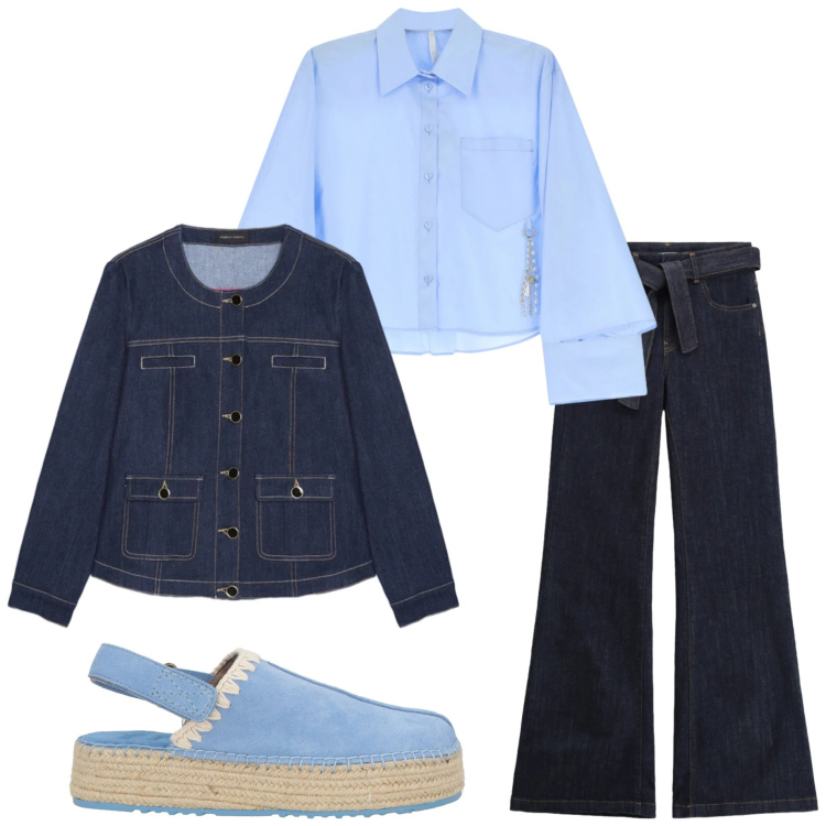 Outfit donna - Denim mania. Stile Casual chic per Tutti i giorni. Abbinamento con espadrillas, blazer, jeans a zampa, camicie.
